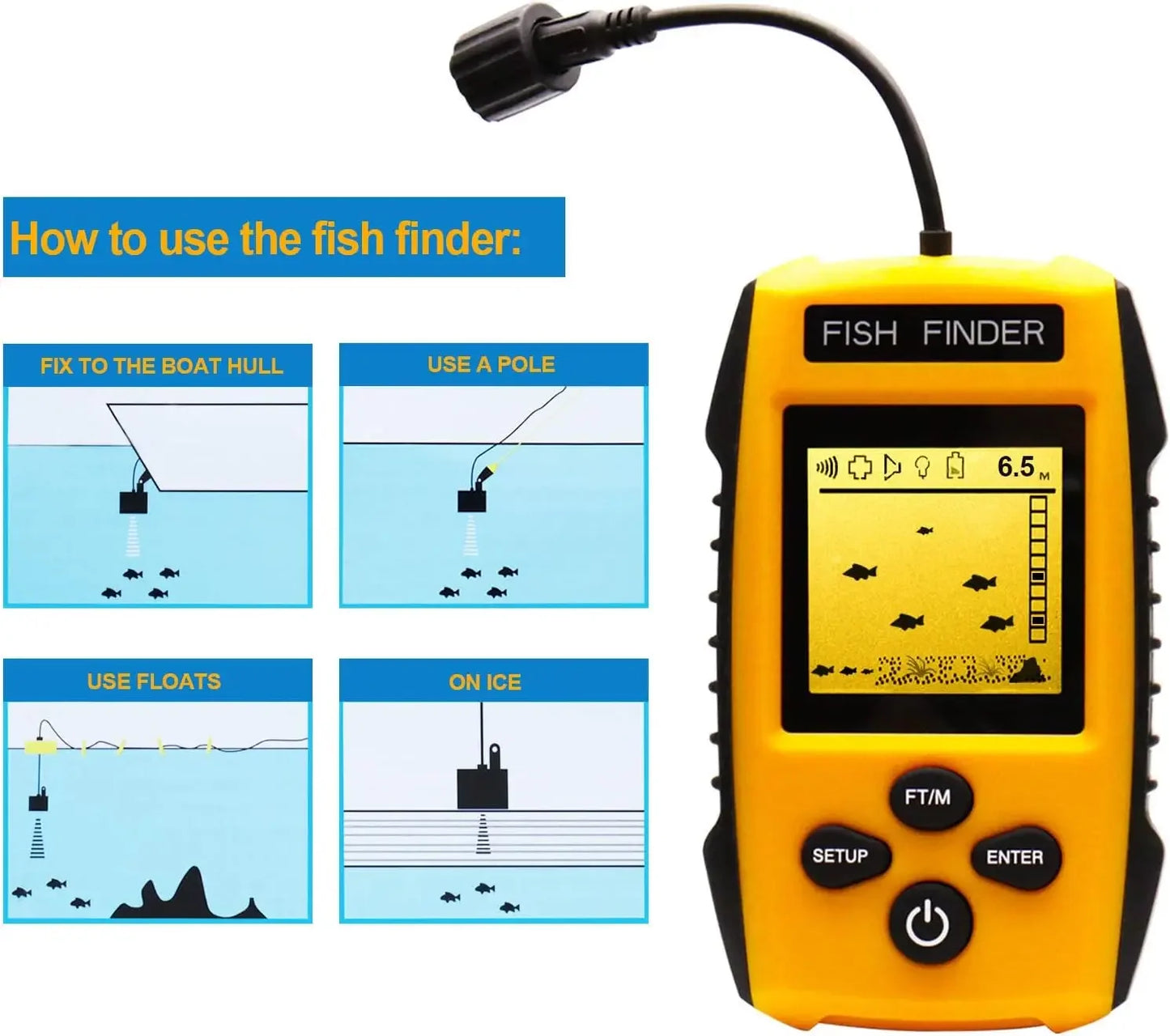 🎣 Przenośny Fish Finder z Sonarem – Głębokość do 183 m, Zasilanie AAA