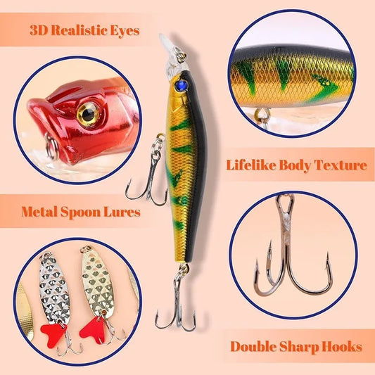 Professional Fishing Lures Kit Soft/Hard Baits with Metal Jig Spoons Crank Tackle for Bass Pike Freshwater Saltwater Best Gift