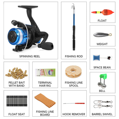 Fishing Rod and Reel Combo Full Kit 1.8m Telescopic Fishing Rod Pole and Spinning Reel Set with Lures Swivels Bell Float Hair Ri