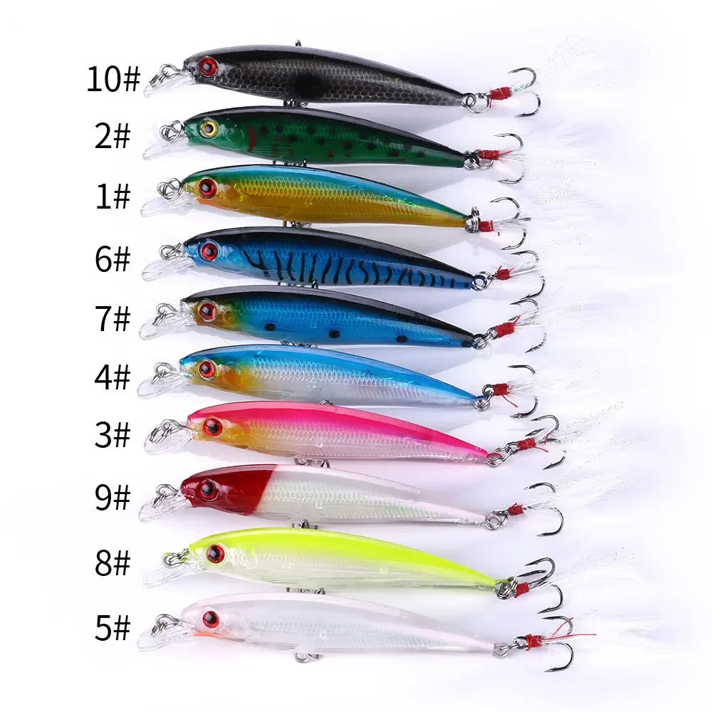 Laser Minnow Fishing Lure 10/5Pcs Artificial Bionic 9cm/7g Swing Hard Bait with Feather Tackle Hook Wobbler Pesca for Bass Pike
