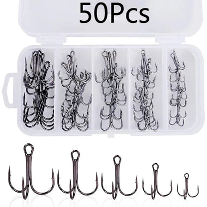 50pcs/lot Mix Treble Fishing Hook In box High Carbon Steel Barbed Triple Fishing Hooks Fishing Tackle Fishhook for Hard Bait