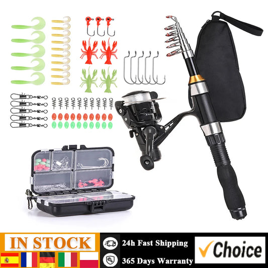 Fishing Rod Reel Combo Full Kit 1.5m Telescopic Fishing Rod Spinning Reel Set with Hooks Soft Lures Barrel Swivels Storage Bag
