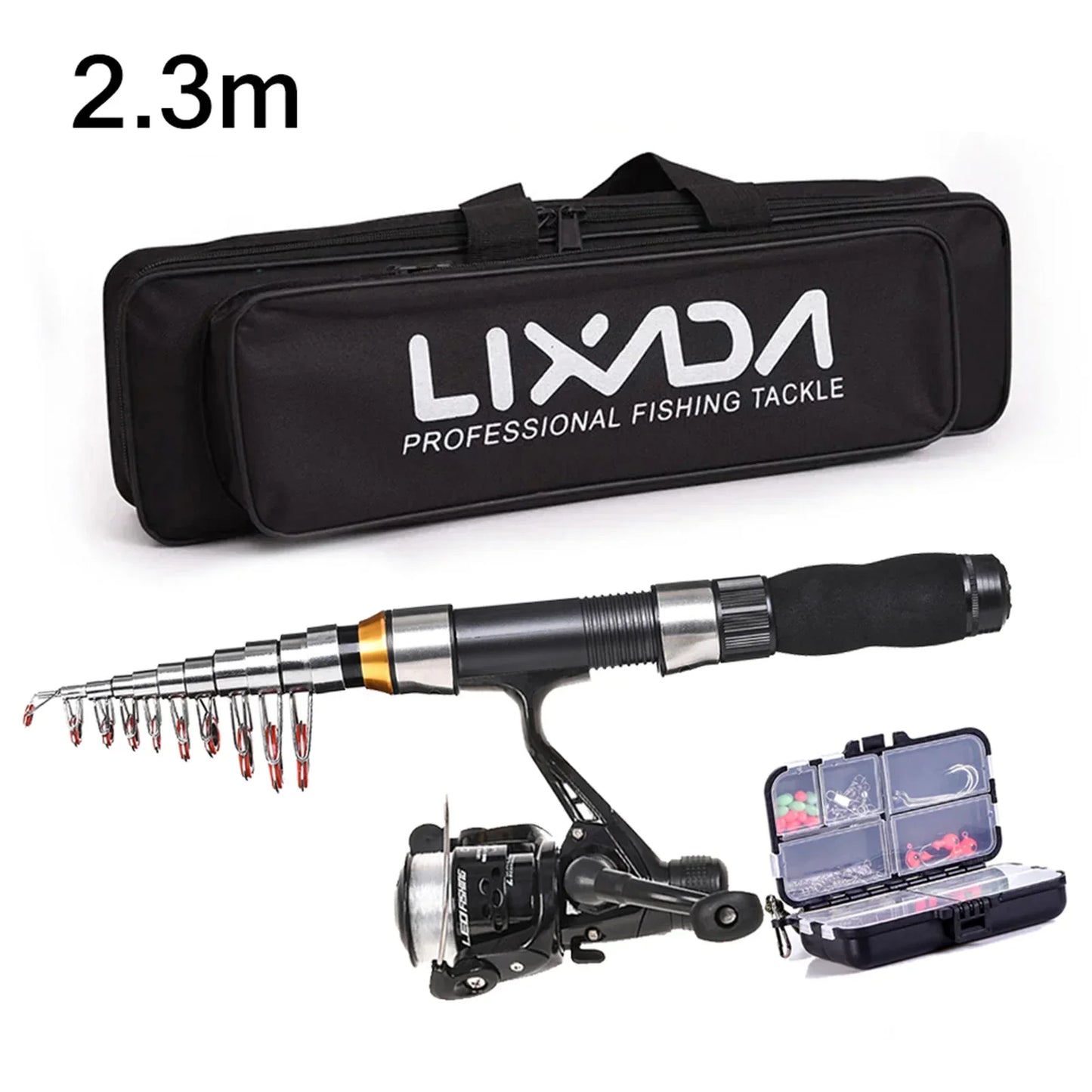 Lixada Fishing Rod Reel Combo Full Kit 2.1m 2.3 m Telescopic Fishing Rods 2PCSSpinning Reels Set Soft Lures Barrel Swivels Bag