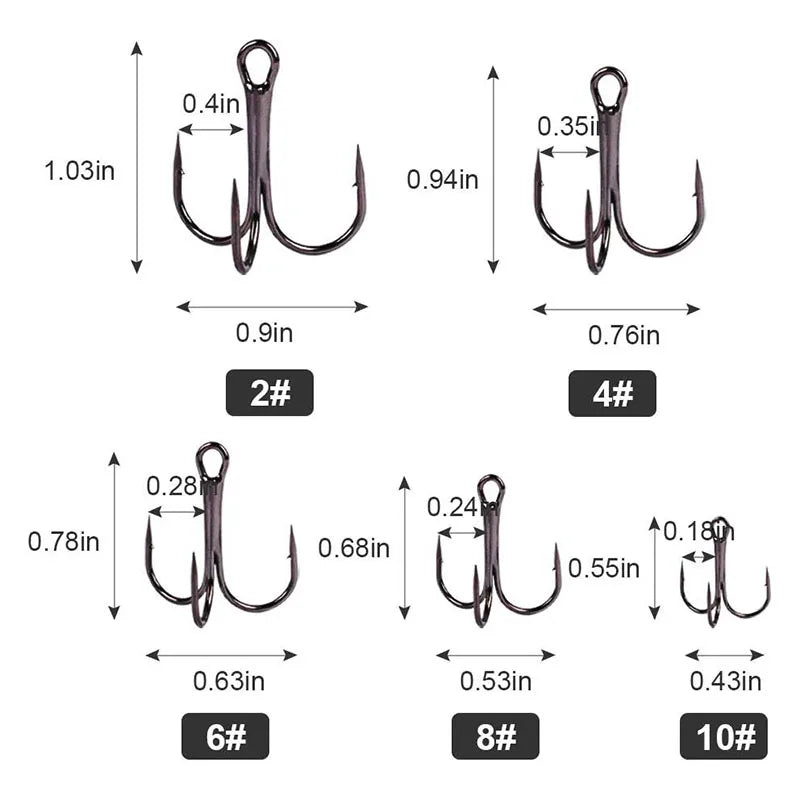50pcs/lot Mix Treble Fishing Hook In box High Carbon Steel Barbed Triple Fishing Hooks Fishing Tackle Fishhook for Hard Bait