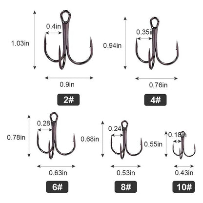 50pcs/lot Mix Treble Fishing Hook In box High Carbon Steel Barbed Triple Fishing Hooks Fishing Tackle Fishhook for Hard Bait