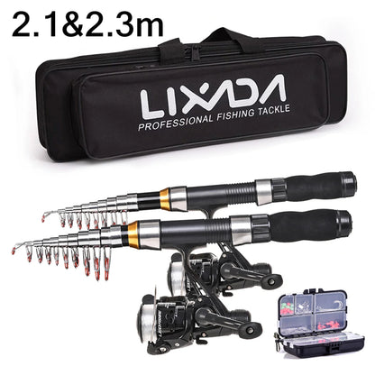 Lixada Fishing Rod Reel Combo Full Kit 2.1m 2.3 m Telescopic Fishing Rods 2PCSSpinning Reels Set Soft Lures Barrel Swivels Bag