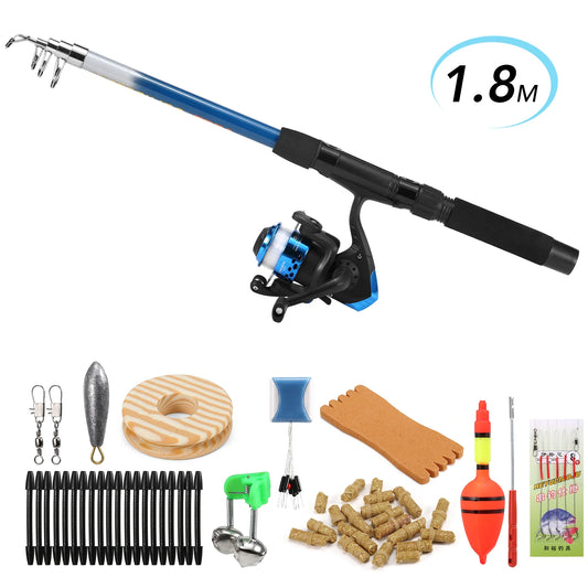 Fishing Rod and Reel Combo Full Kit 1.8m Telescopic Fishing Rod Pole and Spinning Reel Set with Lures Swivels Bell Float Hair Ri