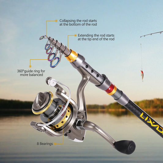 Lixada Telescopic Fishing Rod and Reel Combo Full Kit Carbon Fiber Fishing Rod Pole + Spinning Fishing Reel + Fishing Tackle Set