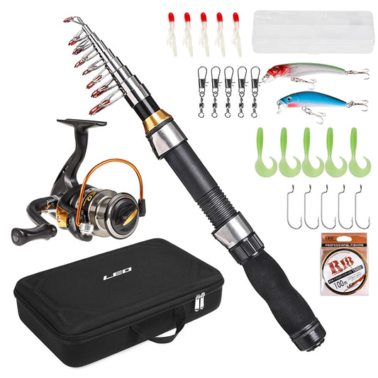 Portable Telescopic Fishing Rod and Spinning Reel Combo Pole Set Fishing Line Lures Hooks Barrel Swivels Travel Fishing Kit