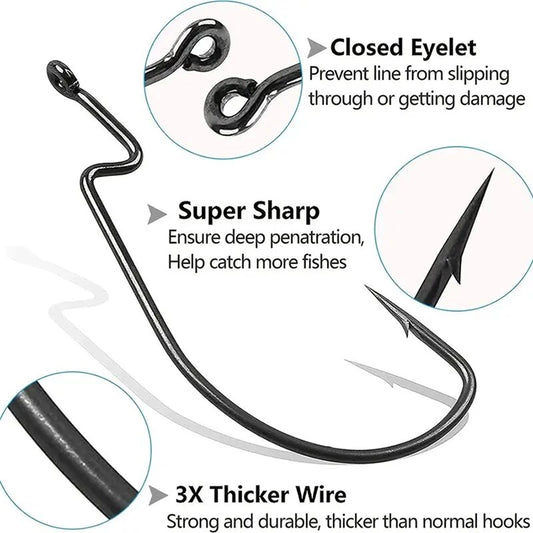 50Pcs/Box Jig Crank Barbed Hooks High Carbon Steel Wide Gap Fishhook for Soft Worm Baits Freshwater Saltwater Fishing Gear