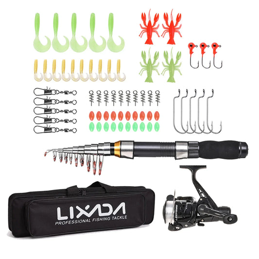 Lixada Fishing Rod Reel Combo Full Kit 2.1m 2.3 m Telescopic Fishing Rods 2PCSSpinning Reels Set Soft Lures Barrel Swivels Bag
