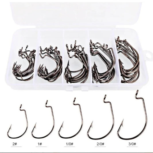50Pcs/Box Jig Crank Barbed Hooks High Carbon Steel Wide Gap Fishhook for Soft Worm Baits Freshwater Saltwater Fishing Gear
